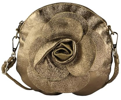 modamoda de T225 Damen Leder Umhängetasche Abendtasche Clutch Blüte Klein handmade in Italy, Farbe:Altgold-Metallic