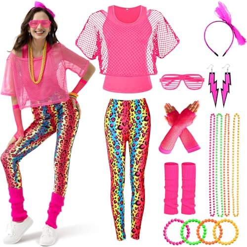 Ulikey 80er/90er Jahre Kostüm Damen: Bunte Leggings, Aerobic Outfit, Neon Party Outfit Zubehör Set mit Gläsern, Halskette (Pinke Farbe, XL)