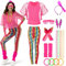Ulikey Deguisement Annee 80 Femme, Deguisement Disco 80 90 Femme, Tenue Annee 80 Femme Rétro Accessoires Set, Vêtements Années 80 90 Neon Tenue pour Thème Fête Femmes Carnaval (Couleur Rose, XL)