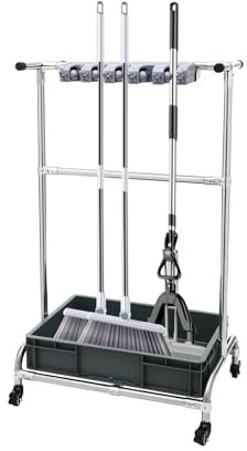 QRANSEUYXY Movable Floor-Mounted Mop Rack, 10 Holders + 12Hooks Mobile Cleaning Trolley, Mop Holder with bottom tank, Garden Tool Organiser Stand for Dry Towels, Brooms, Mops, Brushes