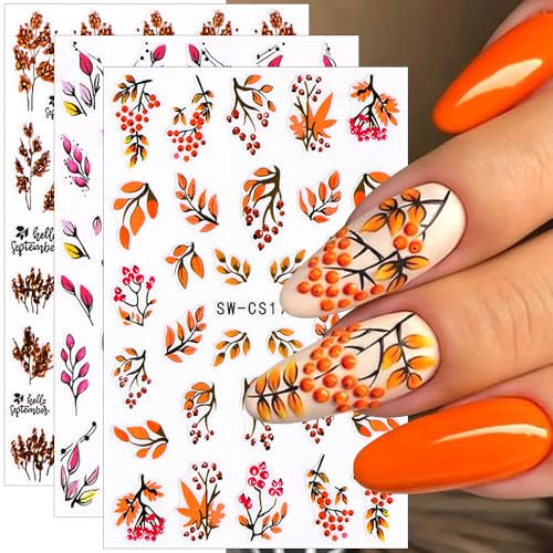 3D Herbstblätter Nagelsticker - Selbstklebende Nail Art Stickers für Herbst Deko - Nagelaufkleber für Herbstdeko und Nageldesign - Nägel Zubehör