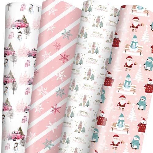 Adurself 6 Jumbo Sheets Pink Christmas Wrapping Paper Xmas Tree Nutcracker Santa Snowman Snowflake Trucks Designs, Folded Flat Gift Wrap Paper for Birthday Baby Shower Holiday, 28 x 40 Inches