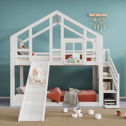 Cayipng Litera para niños con tobogán y escalera 90 x 200 cm, cama alta de matrimonio para niños, con cajón y protección contra caídas, 2 somieres de láminas, 2 camas, color blanco