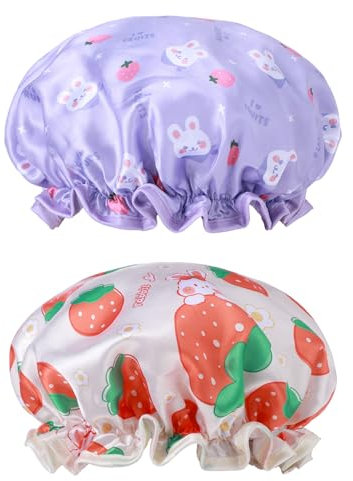 TIESOME Kids Shower Caps, 2 PCS Yellow & Purple Waterproof Double Layers Shower Caps Cute Rabbit Bonnets Elastic Band Bonnet Satin and Eva Soft Kids Sleeping Cap Reusable Shower Cap for Kids