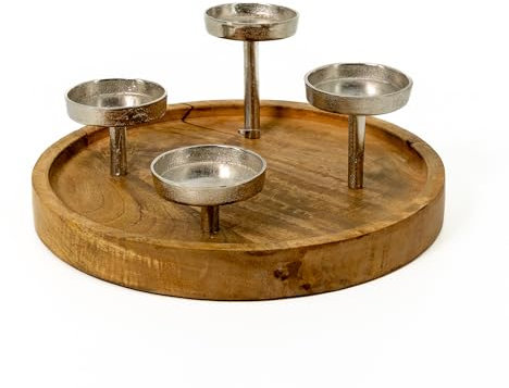 Mango-Holz und Metall Kerzenhalter rund Silber Ø 30cm für Vier große Stumpen-Kerzen Tisch-Deko Advent-Kerzenständer