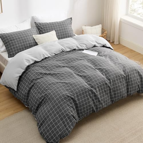 Bedsure King Size Duvet Cover - Reversible Plaid Duvet Cover Set with Zipper Closure, 3 Pieces Dark Grey Bedding Set with 8 Corner Ties and 2 Pillowcases, 230x220cm