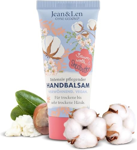 Jean & Len – Handbalsam Baumwolle & Sheabutter, Handpflege für trockene bis sehr trockene Hände, pflegt intensiv und ist dabei besonders mild, ohne Parabene & Silikone, vegan, Mini Handcreme, 20 ml