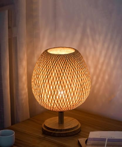 OKSANO Nachttischlampe Kleine Rattan Tischlampe Stepless Dimmbar Neben Lampe Vintage Wicker Holz für Schlafzimmer Wohnzimmer Schreibtisch (23 * 36cm)