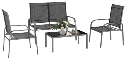 Outsunny Set Salotto da Giardino da 4 Pezzi Esterno Schienale Regolabile | Divanetto a 2 Posti, 2 Sedie, Tavolo da Caffè in Vetro, Impermeabile, Acciaio, Textilene, Nero