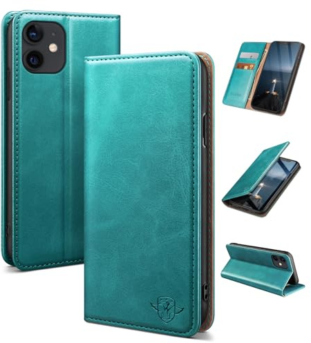SUANDUCK for iPhone 12/iPhone 12 Pro 6.1 phone case magnetic leather flip case with RFID-blocking card compartment, adjustable stand and 360° drop protection with Apple 12 Blue Green