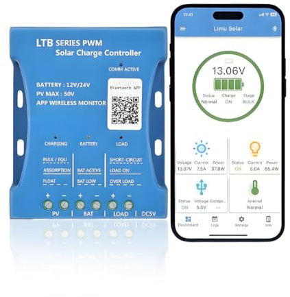 Y&H Bluetooth-Regler 30A PV max 50V Bluetooth-Solarregler 12V/24V Solarpanel-Regler Intelligente PWMs für Blei-Säure LiFePO4 und Lithium Batterien