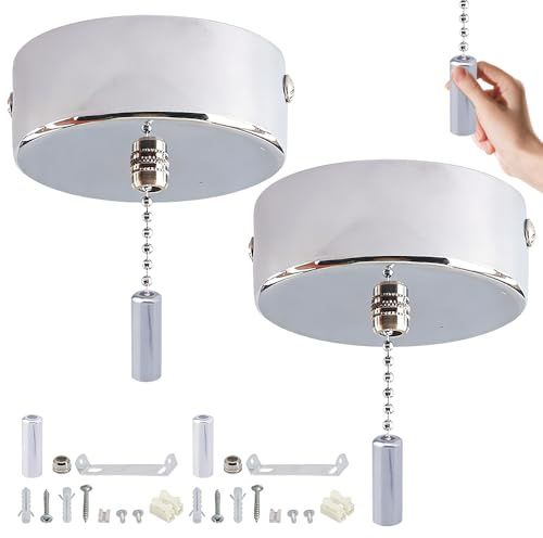 Gobesty 2pcs Bathroom Light Pull Cord Switch with Earth Wire, Chrome Pull Cord Light Switch Bathroom with 150cm Chain Kit, Cylindrical Handle Bathroom Pull Cord for Bedroom, Kitchen, Living Room