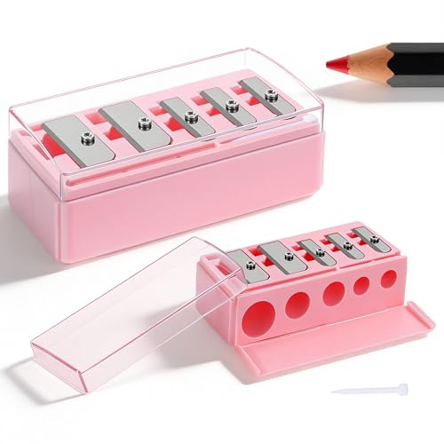 2 STK 5-Loch Makeup Sharpener Anspitzer Mit Behälter, Kosmetikstifte Spitzer Mit Dose Klein Universal Make-up-Bleistiftspitzer Für Augenbrauenstift, Lippenkonturenstift, Eyeliner(Rosa)