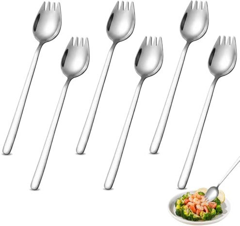 Set 6 Pezzi Sporks Acciaio Inox,2 In 1 Spork e Cucchiaio,Forchetta 19x3,5 Cm,Ideale per Insalata,Dessert Alla Frutta, Riso Fritte,Campeggio,Robusto e Pratico per Hot Dog, Zuppe, Snack e Altro