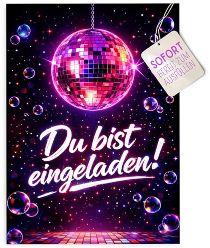 ZETTMANN Disco Einladungskarten Kindergeburtstag 12er Set – Neon Party Geburtstag Einladungen für Mädchen – Glow Party & Tanzparty Einladung Kinder – Disco Kugel Motiv DIN A6