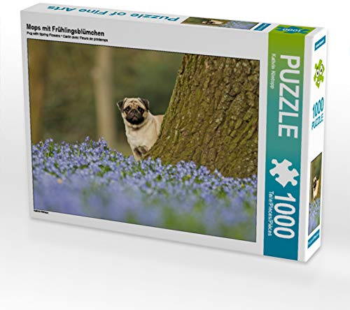 CALVENDO Puzzle Mops mit Frühlingsblümchen | 1000 Teile Lege-Größe 64 x 48 cm Foto-Puzzle für glückliche Stunden