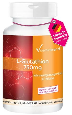 Vitamintrend L-Glutathion 750 mg Tagesbedarf, 30 Tabletten, hochdosiert, Nahrungsergänzungsmittel vegan ohne Magnesiumstearat, in Deutschland hergestellt
