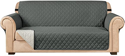 subrtex Gesteppter Sofabezug, wendbar, für 1-, 2-, 3-Sitzer, mit verstellbaren Gummibändern, seitliche Aufbewahrungstasche, Grau