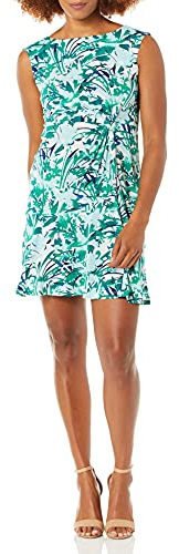 GABBY SKYE Damen Cap Sleeve Round Neck Printed ITY A-Line Dress Kleid, Creme/Emerald/Blau, 36