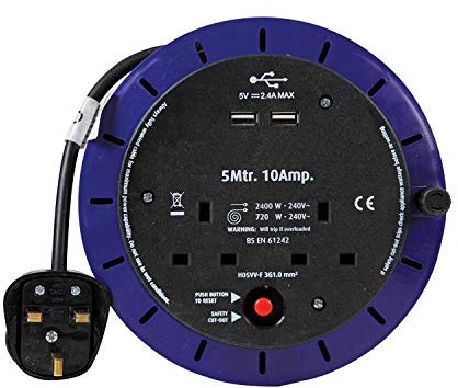 Ex-Pro 2 Way 5M Mains Socket Cassette Reel Extension Lead Cable with 2x USB Charging Ports and Safety Cut-Out Switch 10A - Ideal for Workshops, Offices, Warehouses, DIY and more - Black/Blue