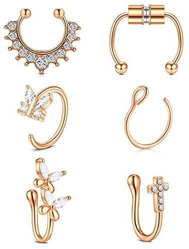 AceFun Fake Nose Rings Septum Hoop Gefälschte Nasenringe Hoop Faux Septum Clip On Nose Septum Non-Pierced Offene Nasenringe Cross Butterfly 16G 1,2 MM 18G 1,0 MM 8MM 14MM Rose Gold