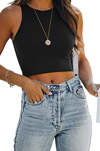 Rayson Daman Basic crop tanktoppar ärmlös rund hals racerback crop sporttopp, svart, S
