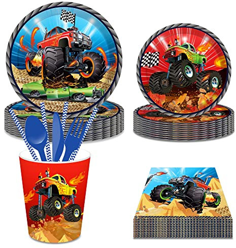 CC HOME Truck Party Themed Party Supplies Pack Monsters Truck Party Decorations Truck Party Pack- Serves 16 - Includes Truck Party Plates Cups Napkins