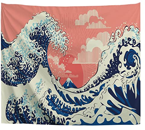 A.Monamour Wandteppich Stürmischer Ozean Mit Großen Wellen Im Japanischen Stil Stoff Tuch Tapisserie Wandbehang Wanddeko Wandkunst Wandbilder Wandtuch für Wohnzimmer Schlafzimmer 153x203cm