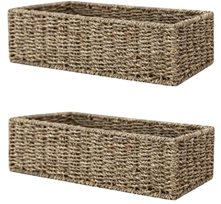 HOMESTEAD Seagrass Storage Baskets, Long Narrow Rectangular Wicker Baskets for Bedroom, Living Room, Bathroom, Shelves - Set of 2