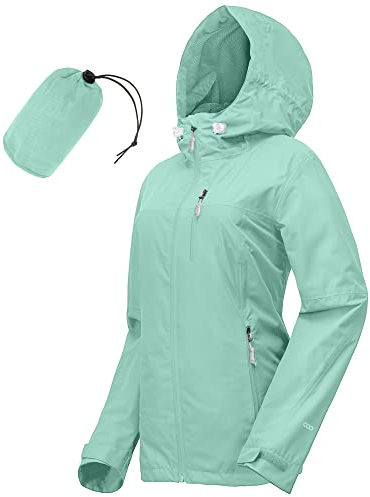 33,000ft Regenjacke Damen Wasserdicht Outdoorjacke Atmungsaktiv Herbst Übergangsjacke Leichte Jacke mit Kapuze Windbreaker zum Wandern Reisen Treking Fahrrad Mintgrün 46