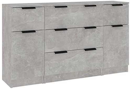 vidaXL 3 Piece Sideboard Set in Concrete Grey Engineered Wood, Modern Cupboard Cabinet for Living Room or Bedroom Storage