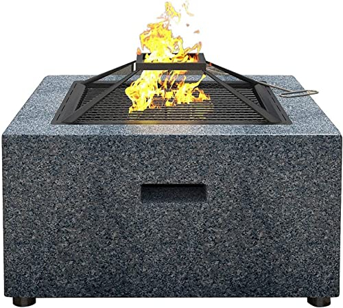 LEAYAN Garten Feuerstelle Grillschale Grill Grillrost Outdoor Feuerstelle Schale,Feuerstelle mit BBQ Grillregal 70cm Feuerschale aus Stahl mit Umrandung aus MgO Kunststein mit wasserdichter Abdeckung
