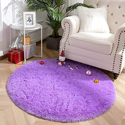 VOFUSHON Schlafzimmer Shaggy Plüsch runden Teppich Bunte Batik Faux Flauschiger Samt Moderne Innenteppiche Lange Haare Fell Optik Gemütliches Bettvorleger Sofa Matte Carpet(Lila,120 x 120 cm)