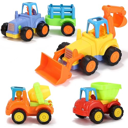 LEAZZLE Baby Spielzeugauto Bagger Konstruktionsfahrzeuge Baufahrzeuge,Push and Go Reibungsgetriebenes Auto Spielzeug für 1 2 3 Jahr Kinder Kleinkinder