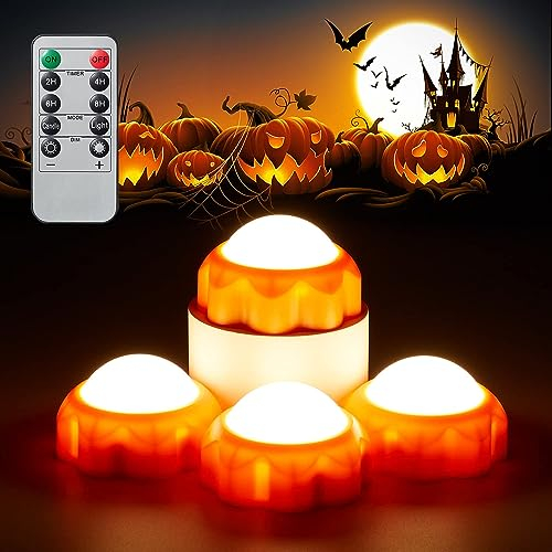 Halloween Deko Kürbis Licht, 4 Stück LED Kürbis Deko Licht mit Fernbedienungen, Halloween Kürbis LED Kerze Licht mit Timing-Funktion für Halloween Dekoration, Halloween Party Tischdeko