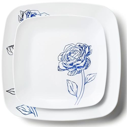 Decorline 32 Assiettes Carré Élégantes en Plastique Solide Dur Réutilisables | Motif Blanches et Fleurs Bordeaux | 2 tailles - assiette plate 25cm & dessert 18cm, 16 pièces chacune | Blanc/Bleu