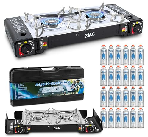 ZMC Camping Gaskocher 2-flammig inkl. Adapter für LPG Anschluss + 24 Gaskartuschen 227g + Aufbewahrungskoffer, Wärmeleistung: 2,5KW, Campingkocher mit Piezozündung für Outdoor und Innenraum