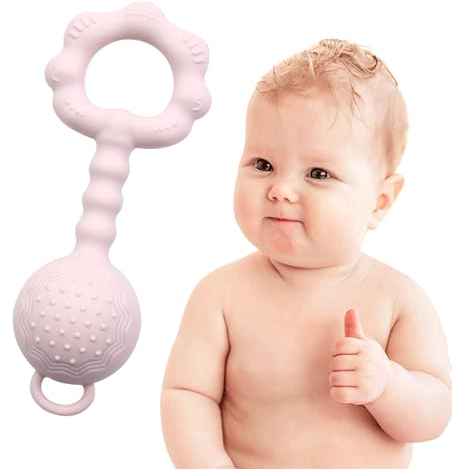 Jouets pour bébé, hochets pour bébé Montessori, jouets de maintien et anneaux de dentition pour bébés de 0 à 6 mois comme aide à la dentition pour bébés, jouets en silicone sans BPA pour bébés (Rose)