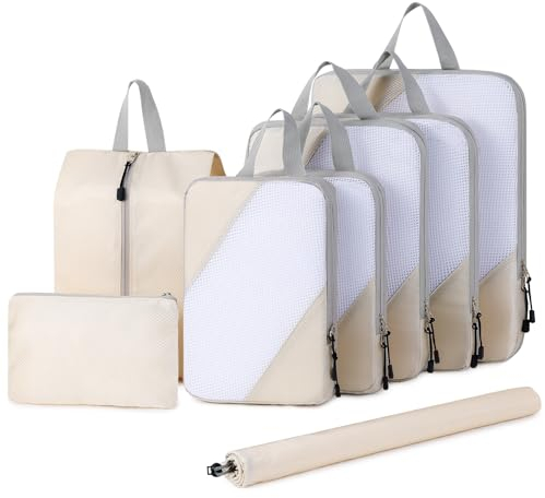 DIMJ Compression Packing Cube, 8-teiliges Koffer Organizer Set, Packwürfel für Kleidung, Inklusive Travel Organizer, Kleidertaschen, Schuhbeutel & Wäschebeutel – Beige