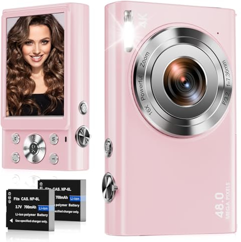 Digitalkamera, 4K Autofokus Fotokamera HD 48MP mit 2,8 großem Bildschirm, 16X Digitalzoom, Kompaktkamera für Fotografie, Fotoapparat für Teenager, Erwachsene, Anfänger(Rosa)