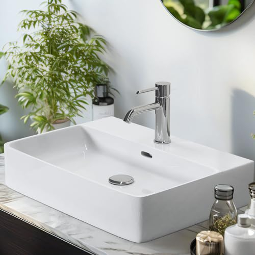 EMKE Waschbecken Aufsatzwaschbecken, Hängewaschbecken für Badezimmer Gäste WC 60 x 44 x 13 cm, Eckig Handwaschbecken Klein Waschbecken Bad Wandwaschbecken Waschtisch Weiß