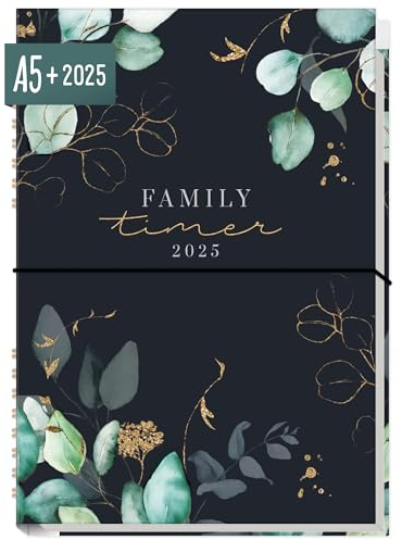 Häfft® Family-Timer 2025 A5+ Mondscheinblüten Familien-Kalender für 4 Personen, Familien-Planer 12 Monate: Jan bis Dez 25 - nachhaltig & klimafreundlich
