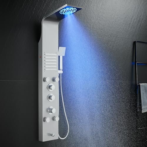 KINKIBOS Unibody Colonne de Douche Thermostatique, Panneau de Douche à 6 Fonctions avec LED, Colonne de Douche Hydromassante avec Mitigeur et Buses Massants, Acier Inox 304 Brossé