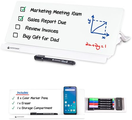 Note Tower Desktop Whiteboard | Dry Erase Glass Board for Desk | Memo Notepad, Phone & Tablet Stand | Desk Buddy Organizer Accessories Storage for Office, Home, School Supplies