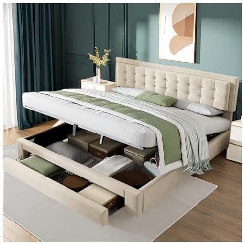Racxily Letto imbottito 160x200 con contenitore e 2 cassetti, letto matrimoniale,tessuto in velluto, rete a doghe con testata, letto contenitore matrimoniale,beige