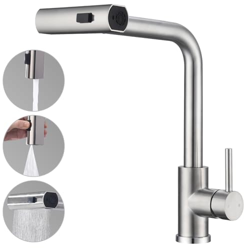 HOMELODY Wasserhahn Küche, Küchenarmatur Ausziehbar mit 3 Strahlarten, Spültischarmatur mit Brause, Armatur Küche 360° Schwenkbar, Mischbatterie Küche Edelstahl Gebürstet