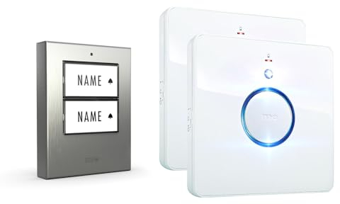 m-e Funkklingel BELL-532 Edelstahl gebürstet mit Sender und Empfänger für 2-Familienhaus, Erweiterbare kabellose Türklingel mit 200 Meter Reichweite, Türglocke für Batteriebetrieb, Türklingel Funk