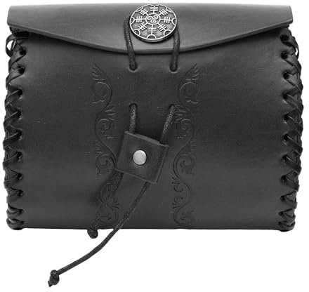JAOYU Gürteltasche Mittelalter, Kunstleder Tragbare Renaissance Gürtelbeutel, Nordisches Portemonnaie Würfelbeutel für LARP Ren Fair (Stil C Schwarz)