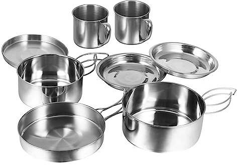 Gogogmee 8pcs Stainless Steel Camping Cookware Set Outdoor Backpacking Cooking Kit Foldable Pots and Pans for 5-6 People Bbq Picnic Hiking Equipment