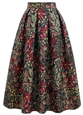 CHICWISH Damenrock mit Gänseblümchen-Motiv, plissiert, A-Linie, lässig, hohe Taille, schwingend, ausgestellt, Vintage-Röcke mit Taschen, Schwarz, Mittel